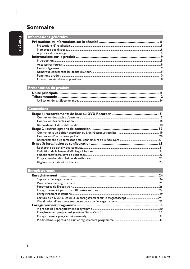 Imagen de la primera página del manual del dispositivo DVDR3512V