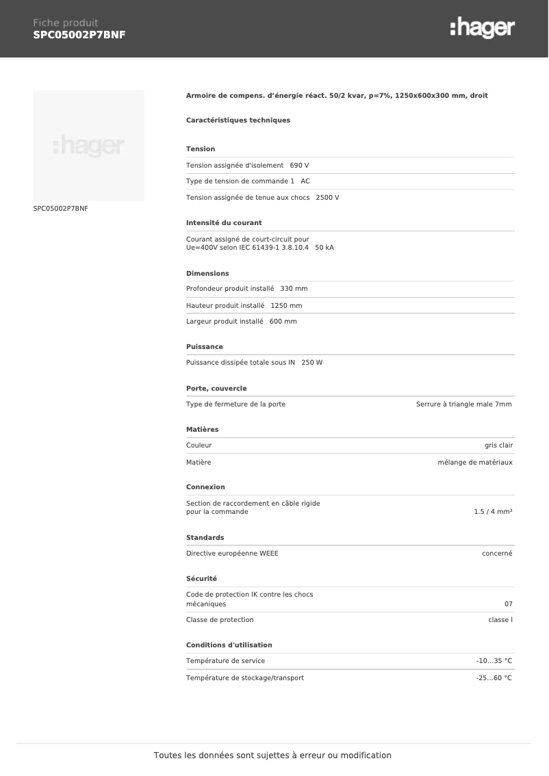 Page 1 de la notice Fiche technique Hager SPC05002P7BNF
