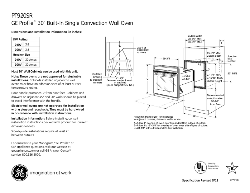 Página 1 del manual Ficha técnica GE PT920SRSS