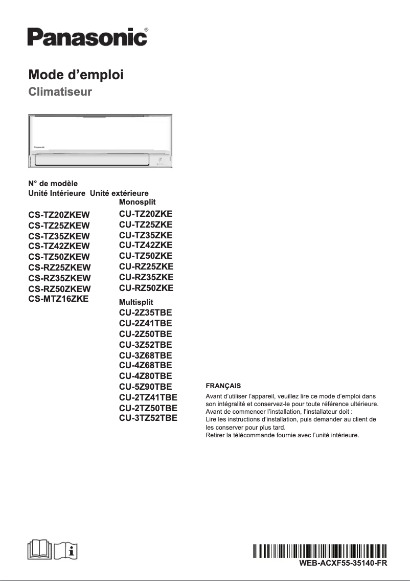 Page 1 de la notice Manuel utilisateur Panasonic CS-MTZ16ZKE