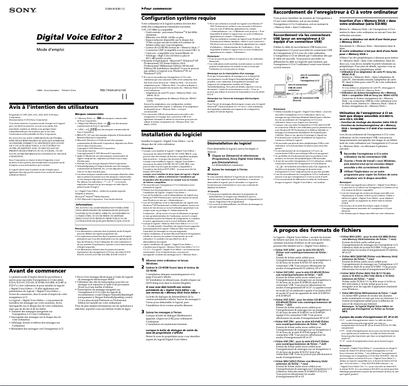 Page 1 de la notice Manuel utilisateur Sony ICD-P28