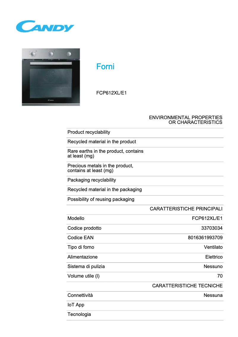 Page n°1 - Fiche technique Candy FCP612XL/E1