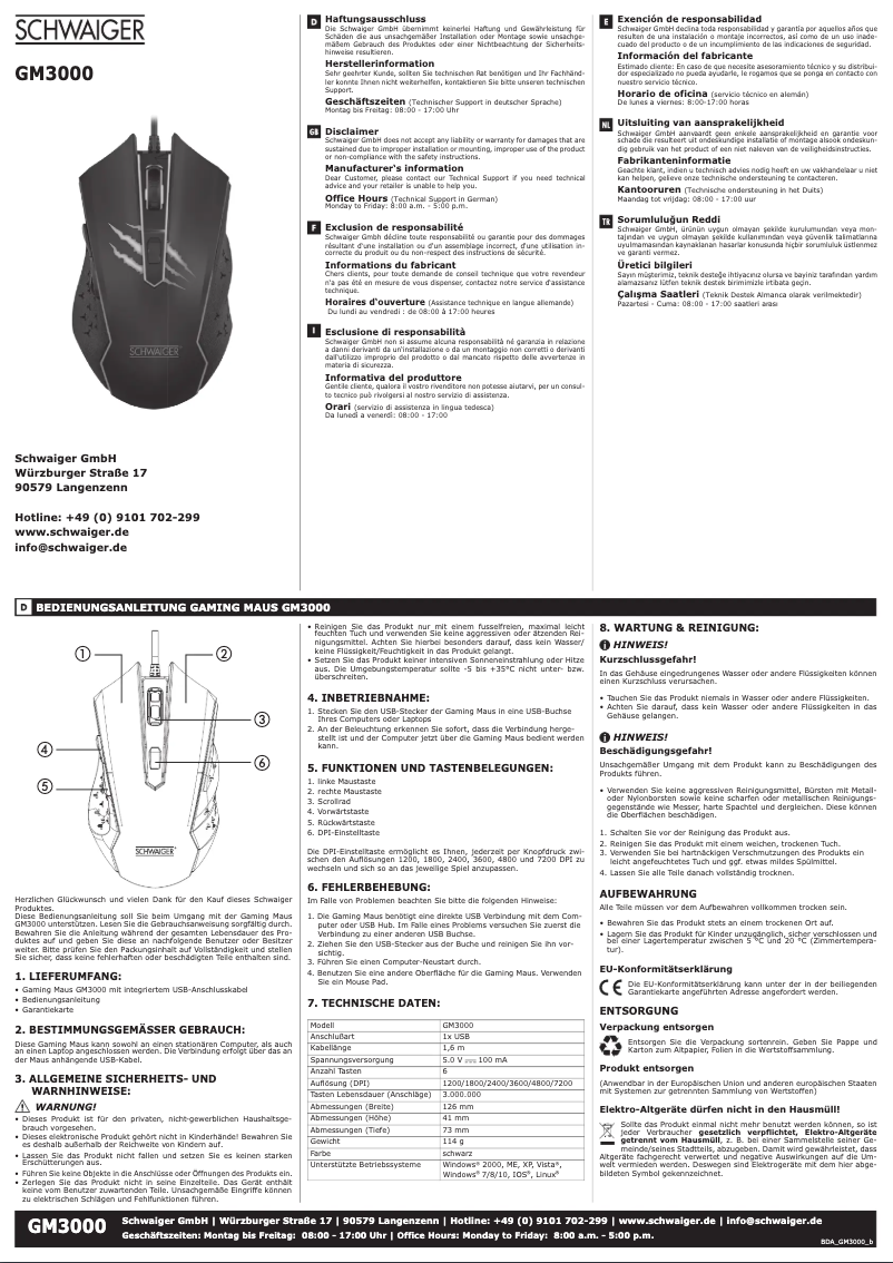 Page n°1 - Manuel utilisateur Schwaiger GM3000