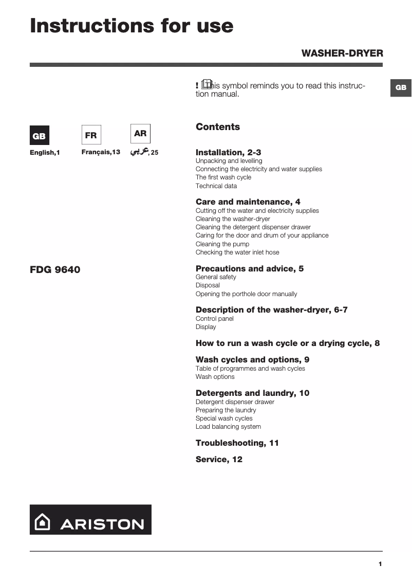 Page n°1 - Manuel utilisateur Ariston Thermo FDG 9640