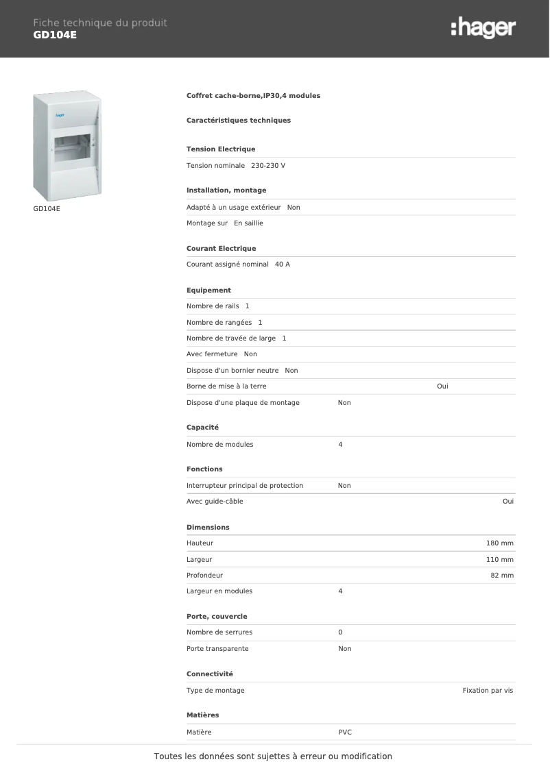 Page 1 de la notice Fiche technique Hager GD104E