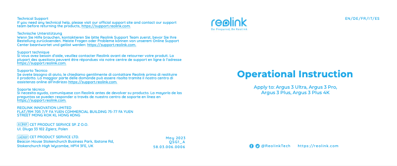 Page n°1 - Manuel utilisateur Reolink Argus 3 Ultra