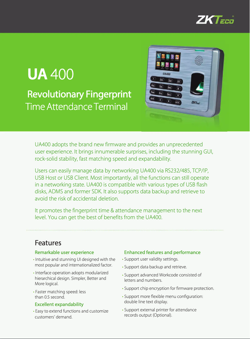 Page n°1 - Fiche technique ZKTeco UA400