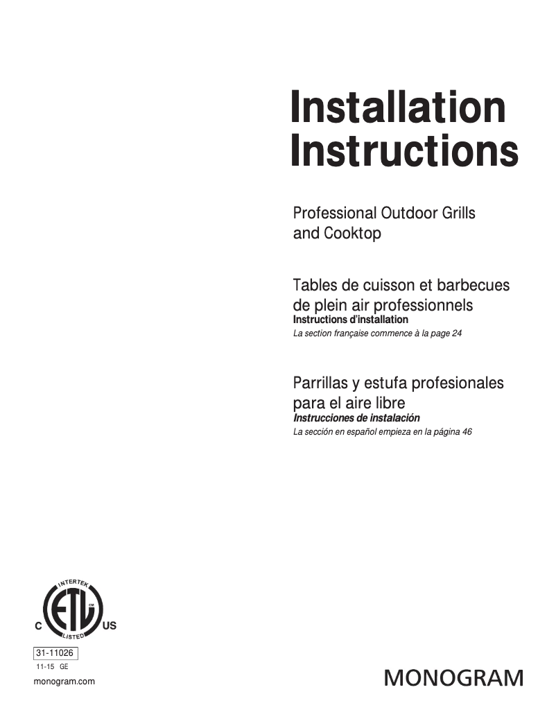 Page 1 de la notice Guide d'installation GE ZGG420LBPSS