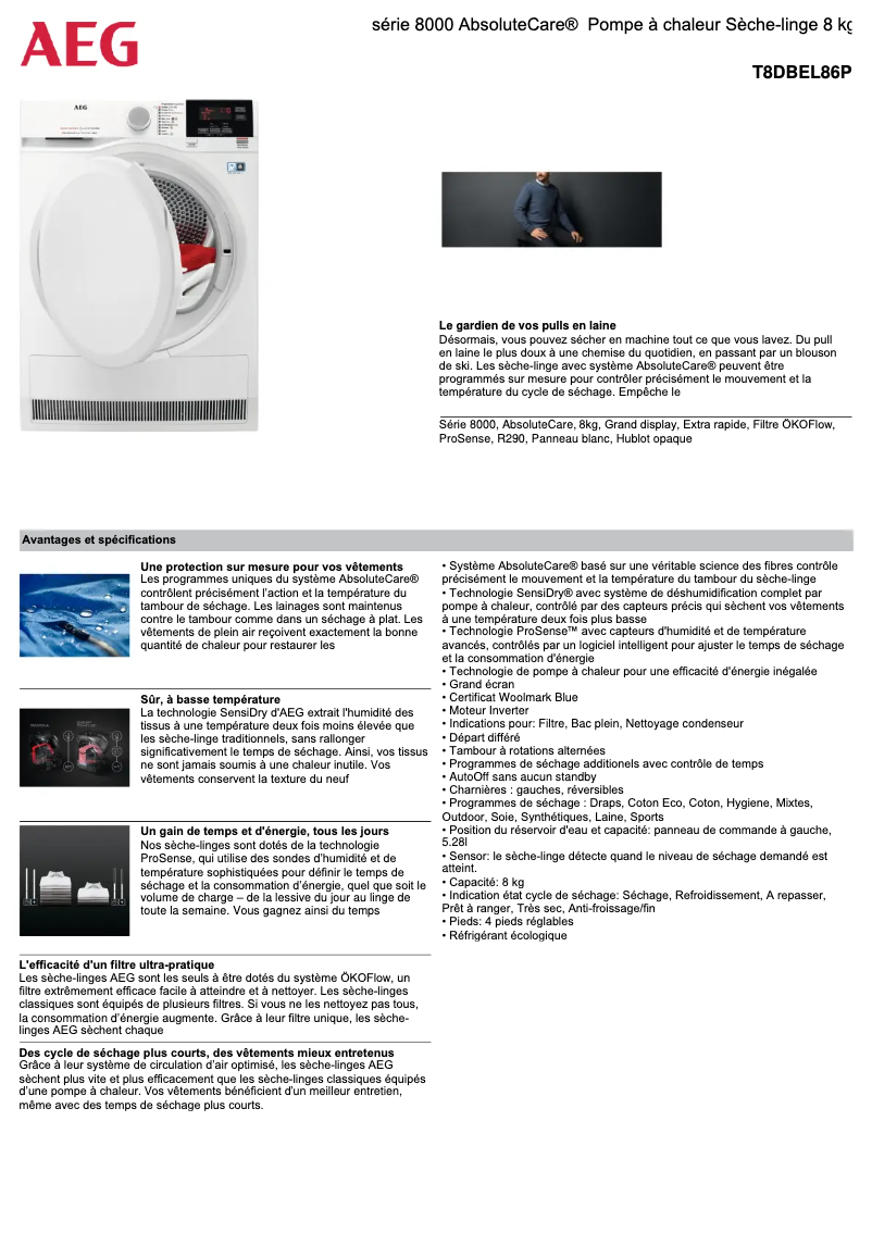Page 1 de la notice Fiche technique AEG T8DBEL86P