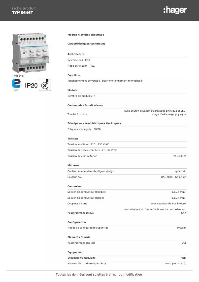 Page 1 de la notice Fiche technique Hager TYMS646T
