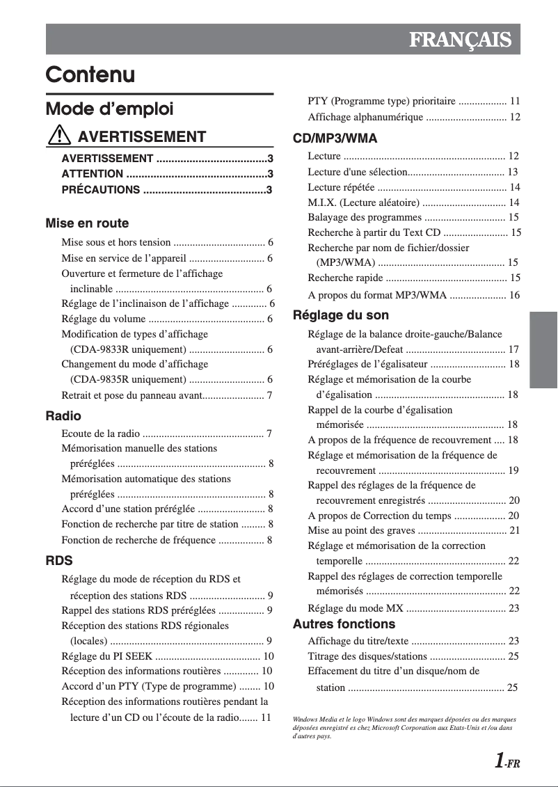 Page 1 de la notice Manuel utilisateur Alpine CDA-9833R