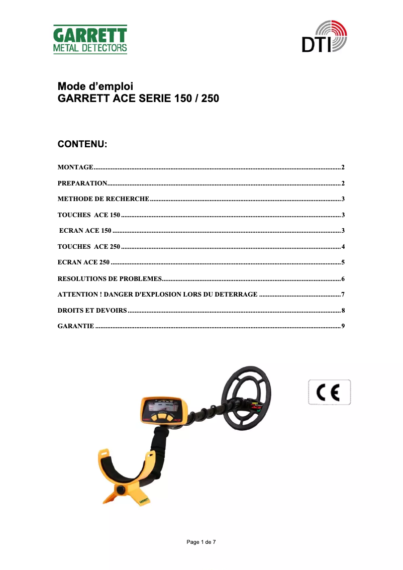 Page 1 de la notice Manuel utilisateur Garrett ACE 150