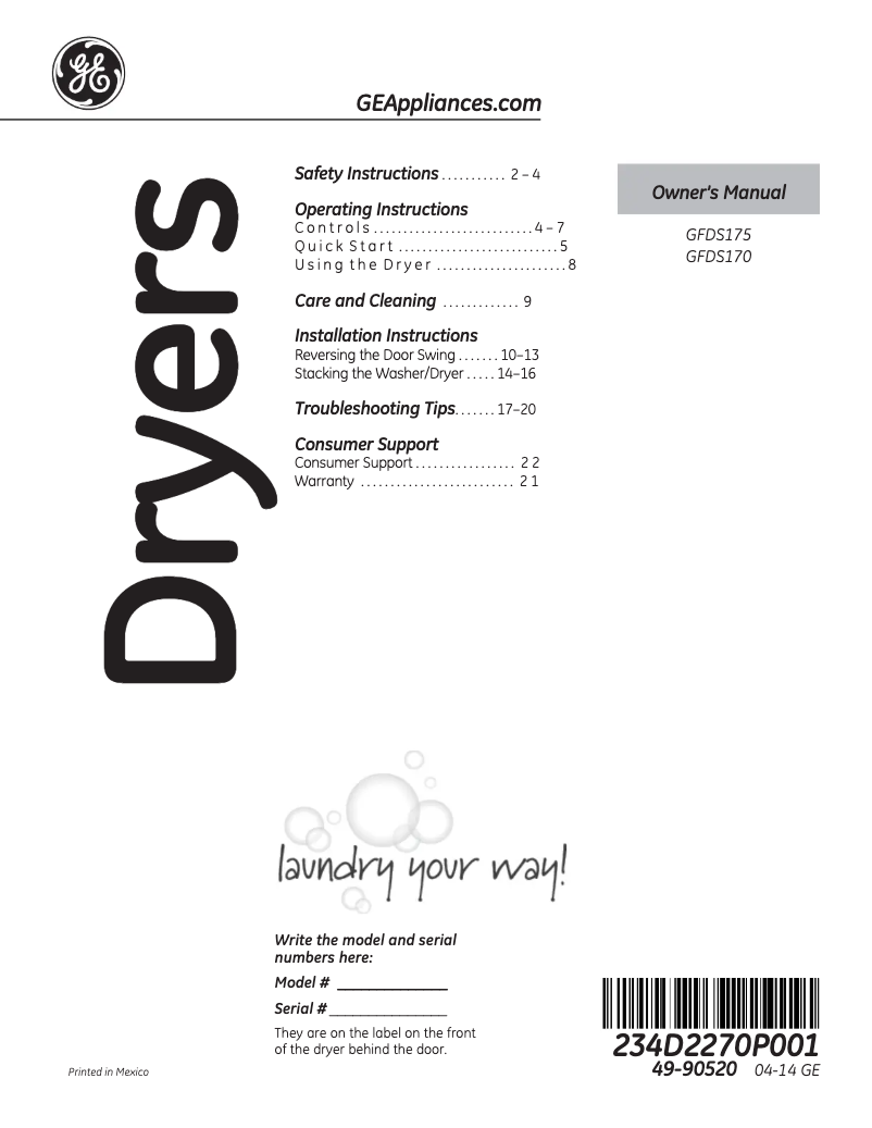 Image de la première page du manuel de l'appareil GFDS170EHWW