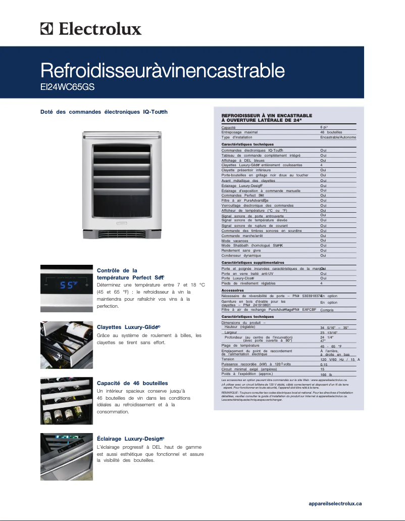 Page 1 de la notice Fiche technique Electrolux EI24WC65GS