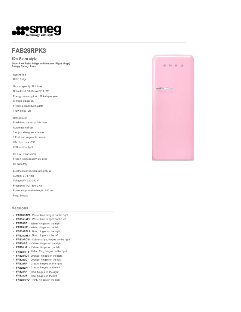 Página 1 del manual Ficha técnica Smeg FAB28RPK3