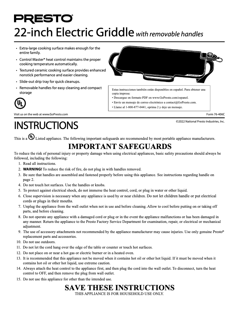 Image de la première page du manuel de l'appareil 22-inch Electric Griddle 07062