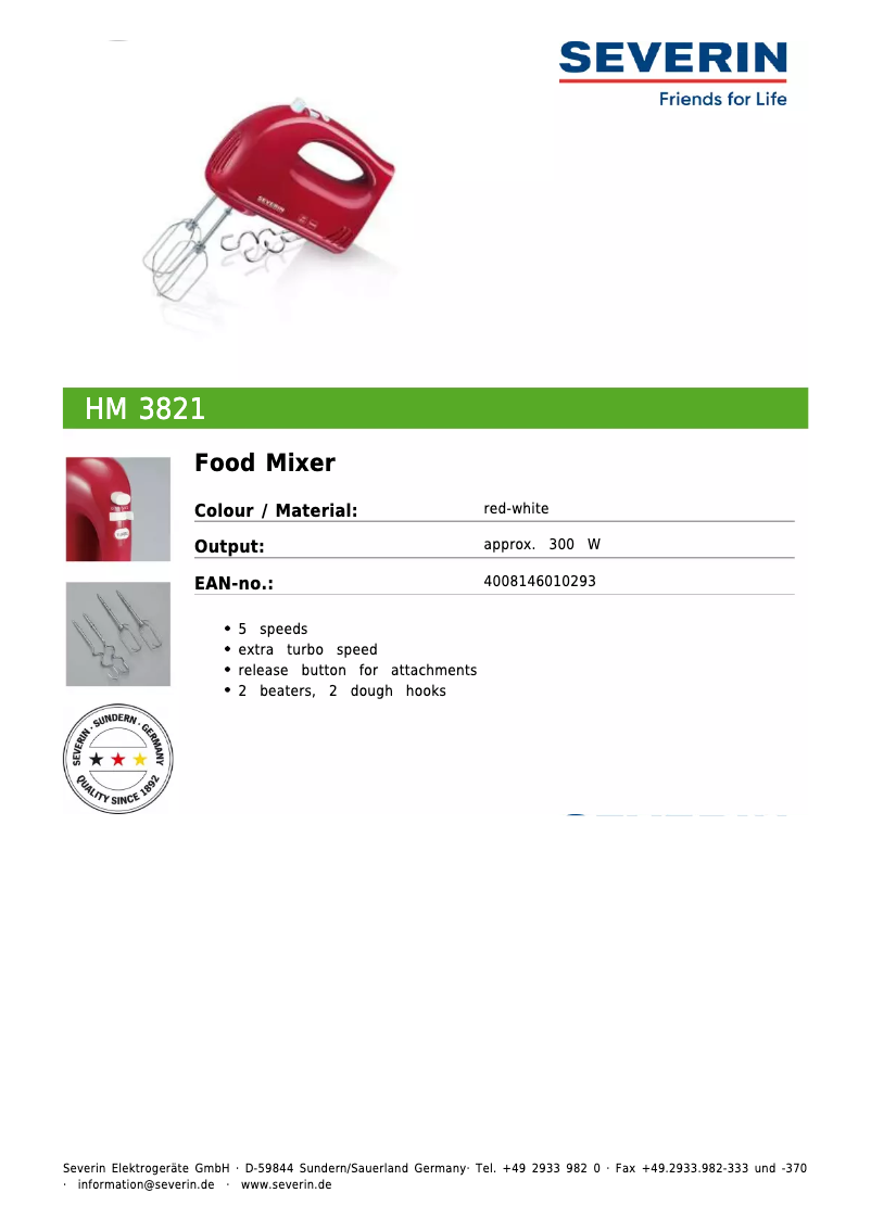 Page n°1 - Fiche technique Severin HM 3821