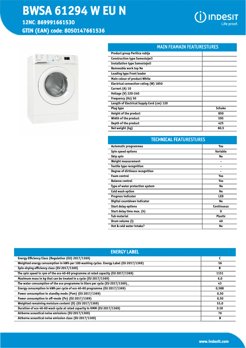 Page n°1 - Fiche technique Indesit BWSA 61294 W EU N
