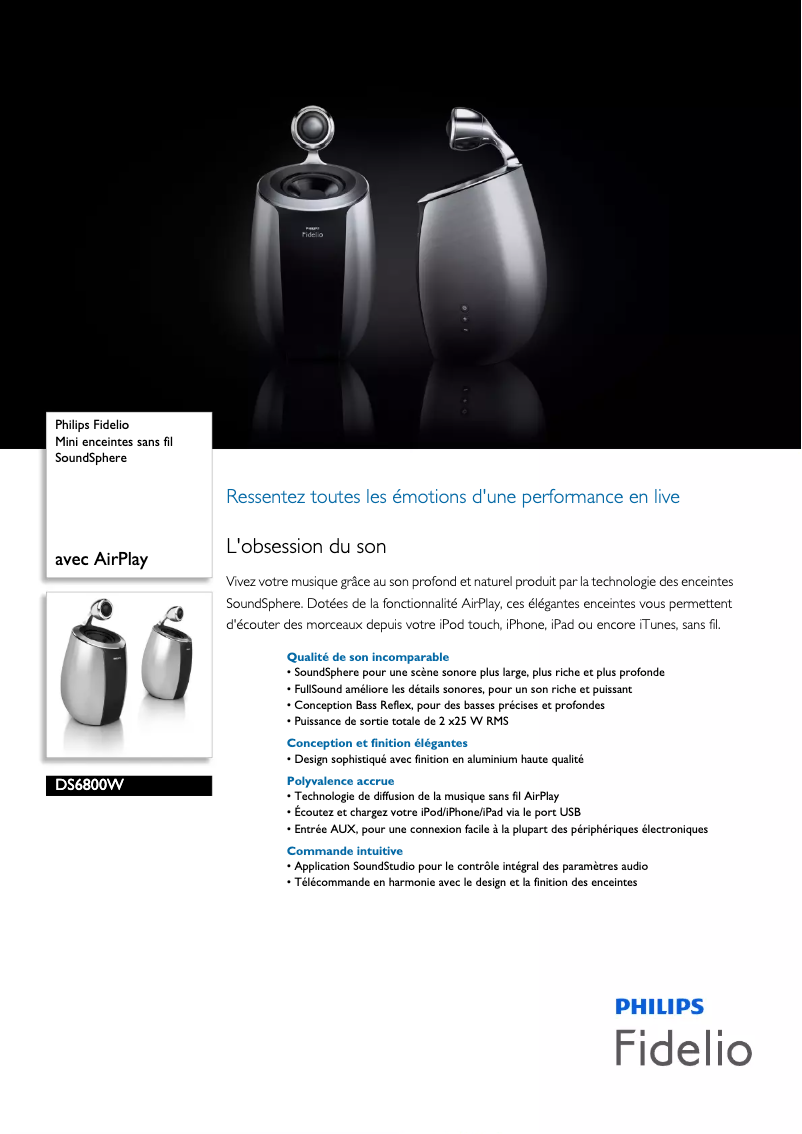 Page 1 de la notice Fiche technique Philips Fidelio SoundSphere DS6800W