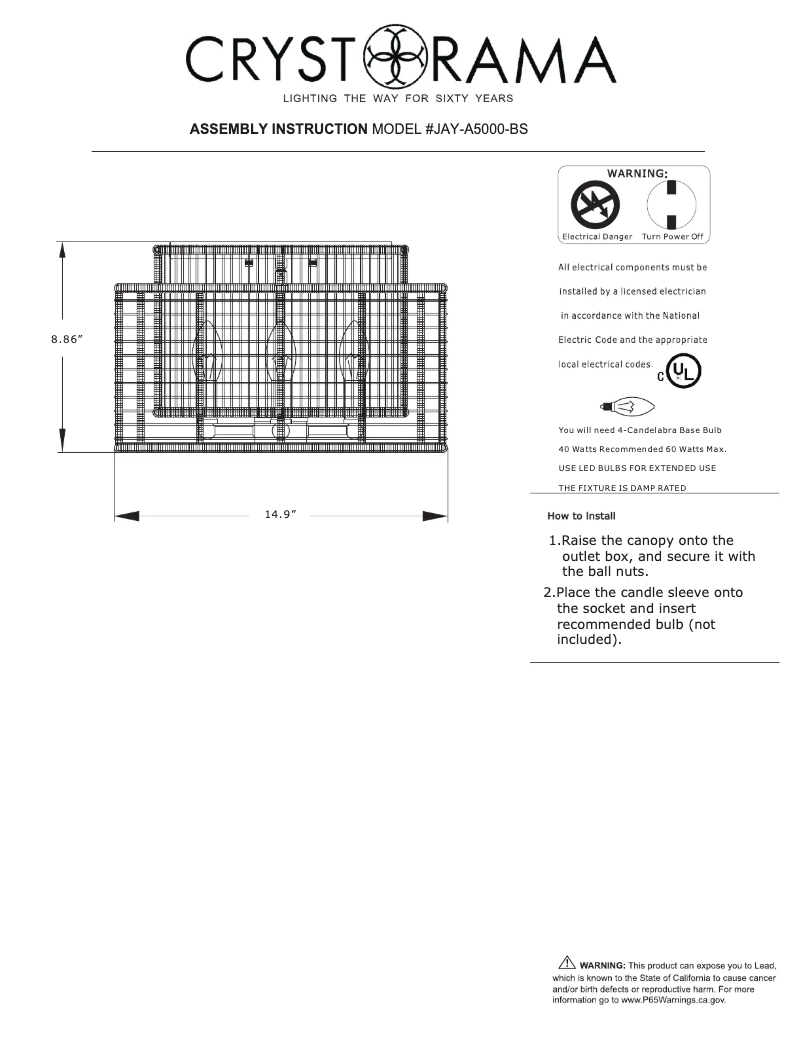 Page 1 de la notice Manuel utilisateur Crystorama Jayna JAY-A5000-BS
