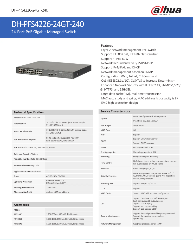 Page 1 de la notice Fiche technique Dahua Technology PFS4226-24GT-240
