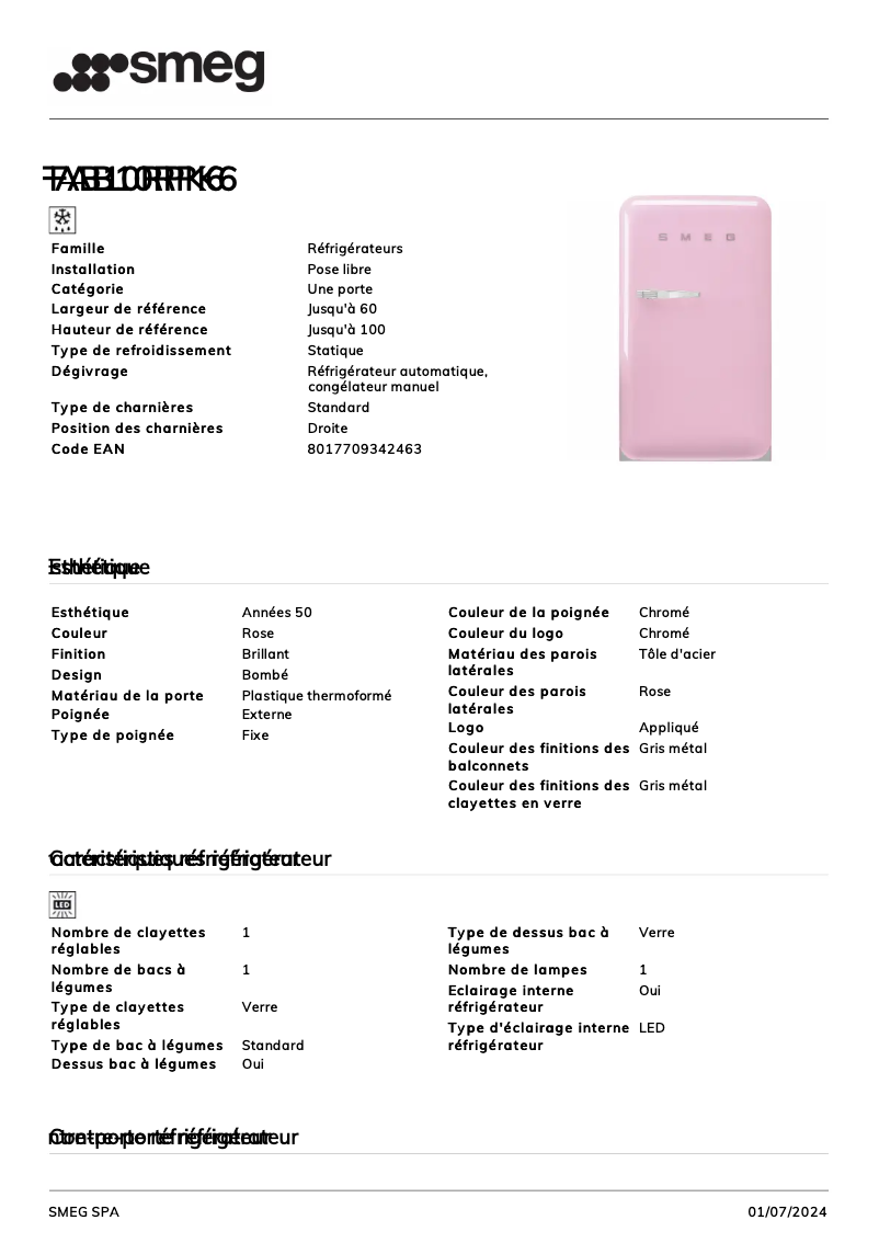 Page n°1 - Fiche technique Smeg FAB10RPK6