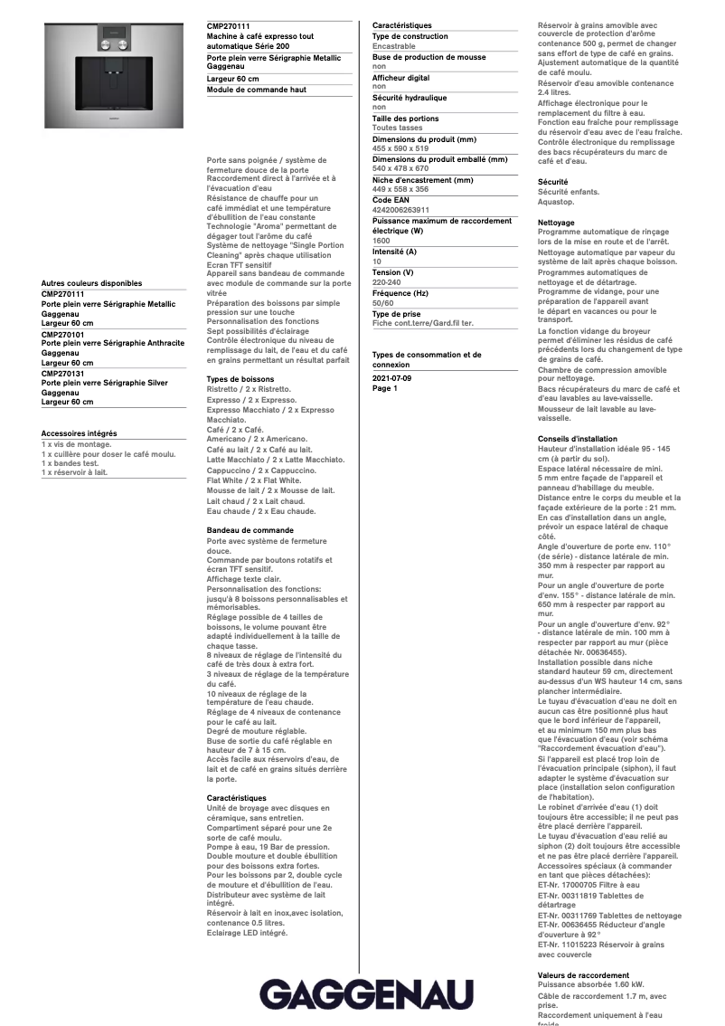 Page 1 de la notice Fiche technique Gaggenau CMP270111