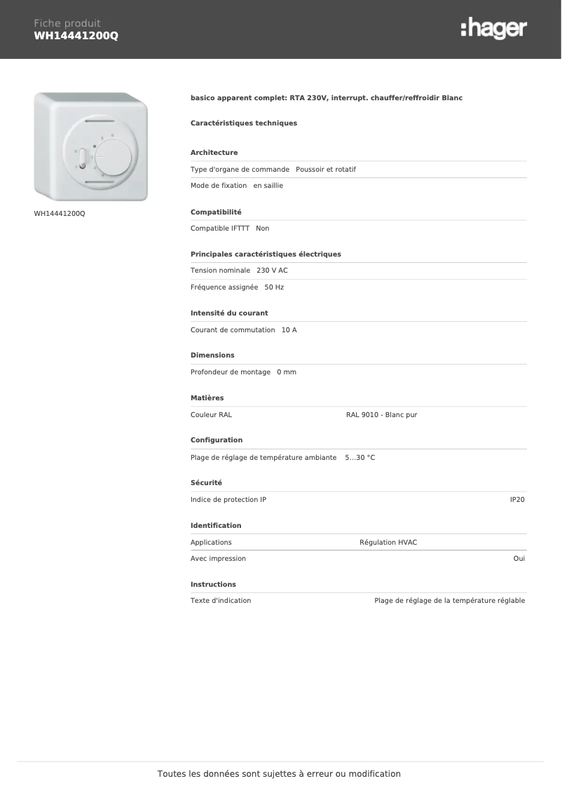 Page 1 de la notice Fiche technique Hager WH14441200Q