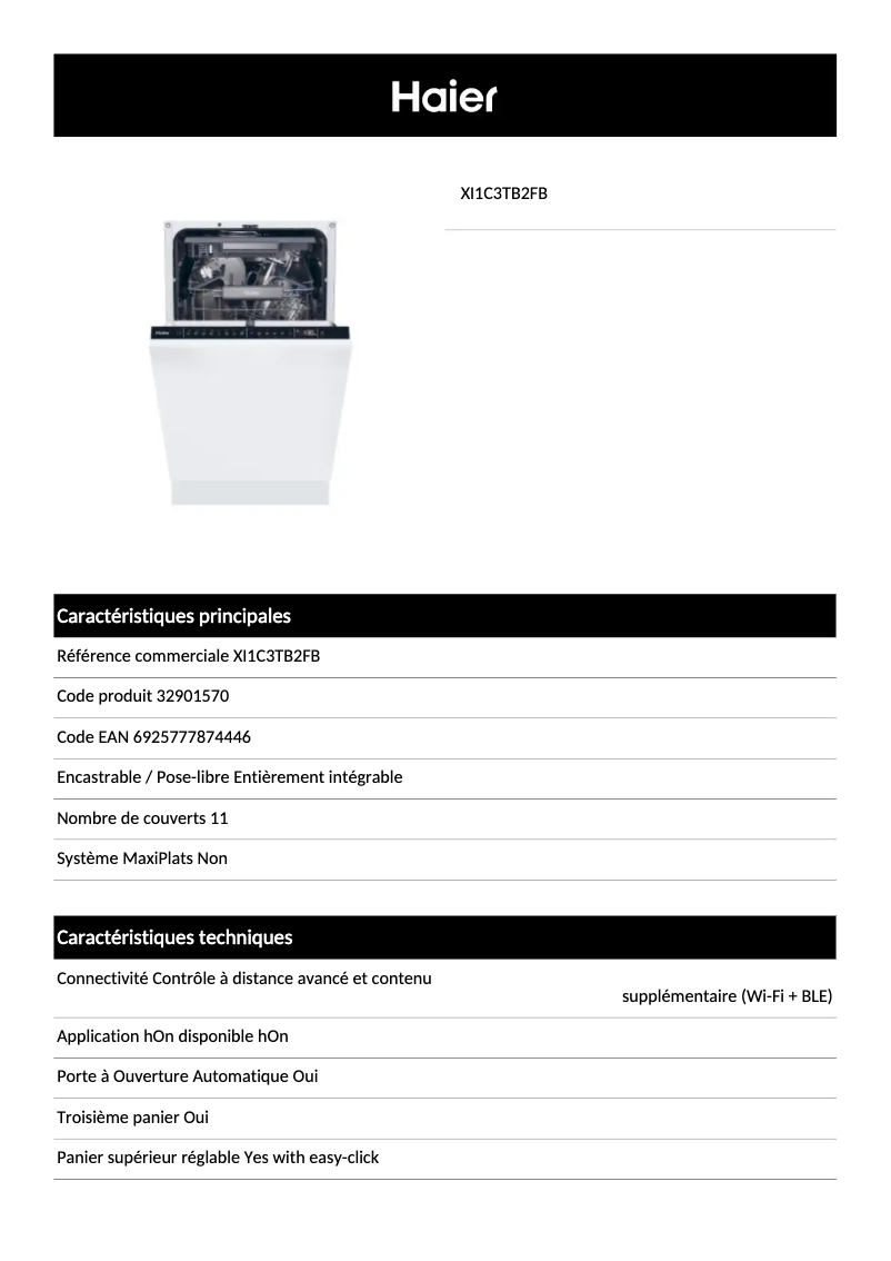 Page 1 de la notice Fiche technique Haier XI1C3TB2FB