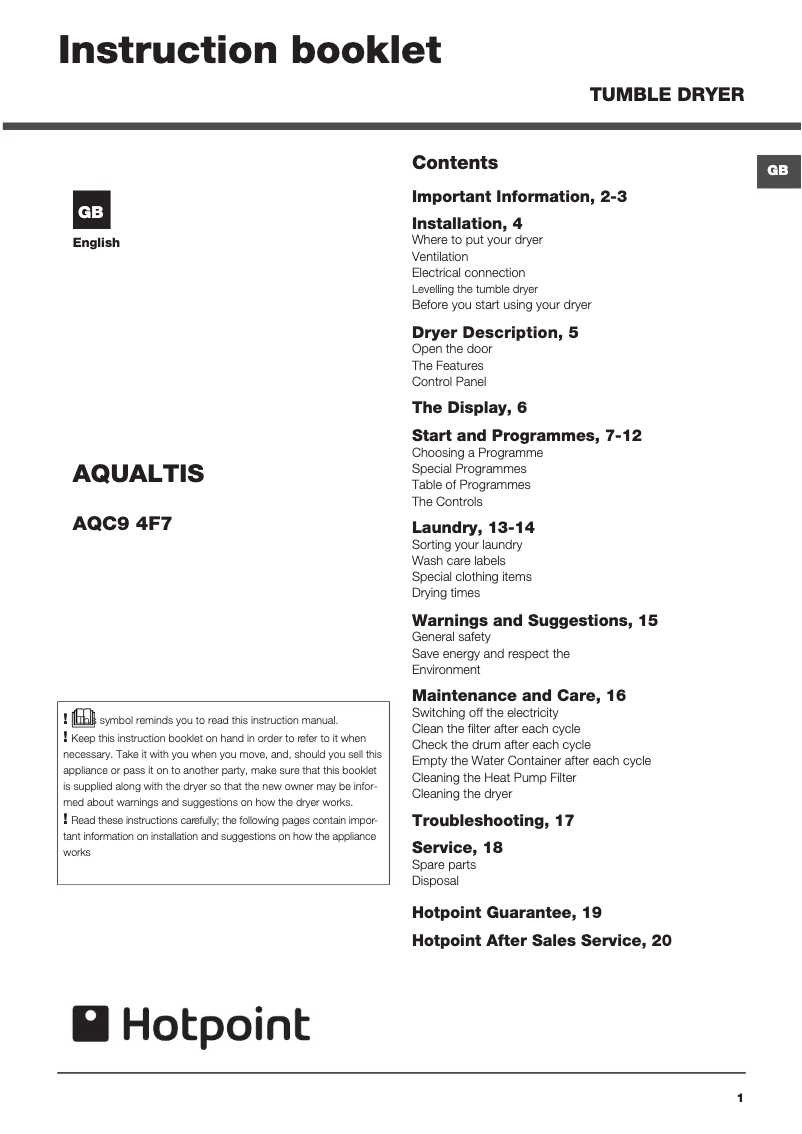Page n°1 - Manuel utilisateur Hotpoint AQC94F7E1M