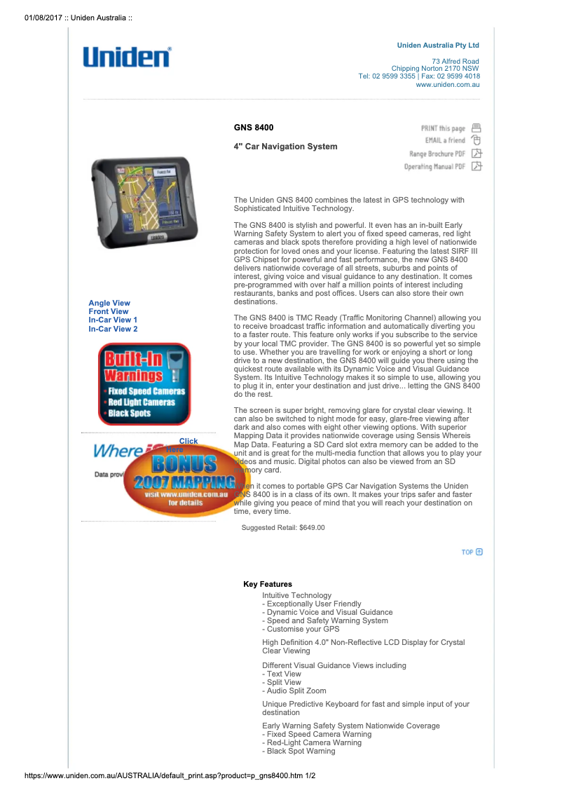 Page n°1 - Manuel utilisateur Uniden GNS 8400