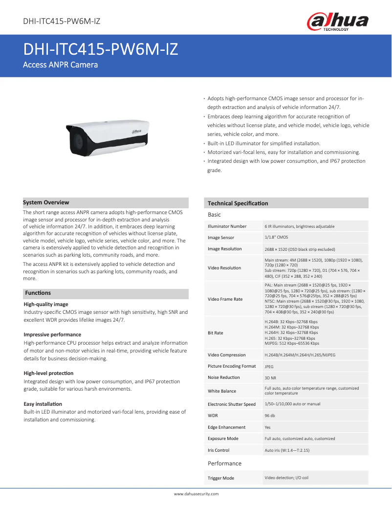 Page 1 de la notice Fiche technique Dahua Technology ITC415-PW6M-IZ