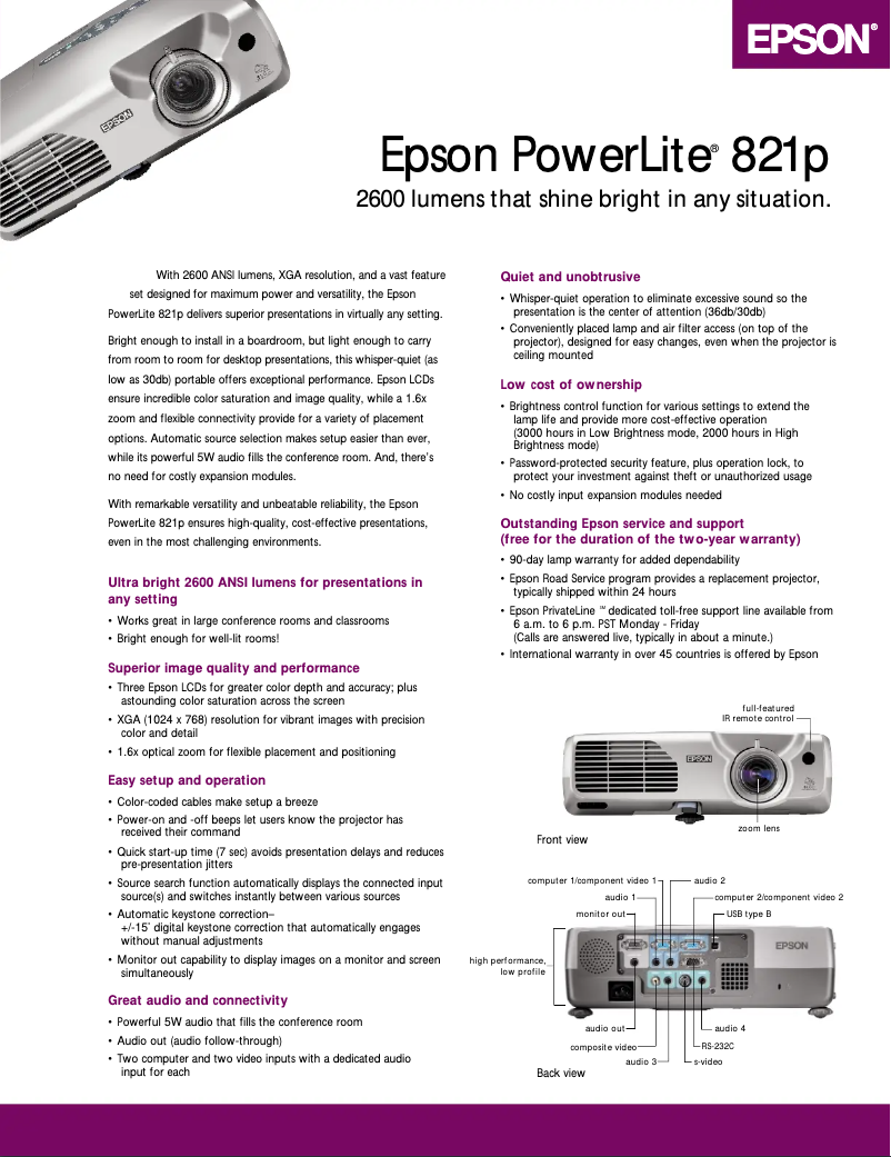 Page 1 de la notice Brochure Epson PowerLite 821p