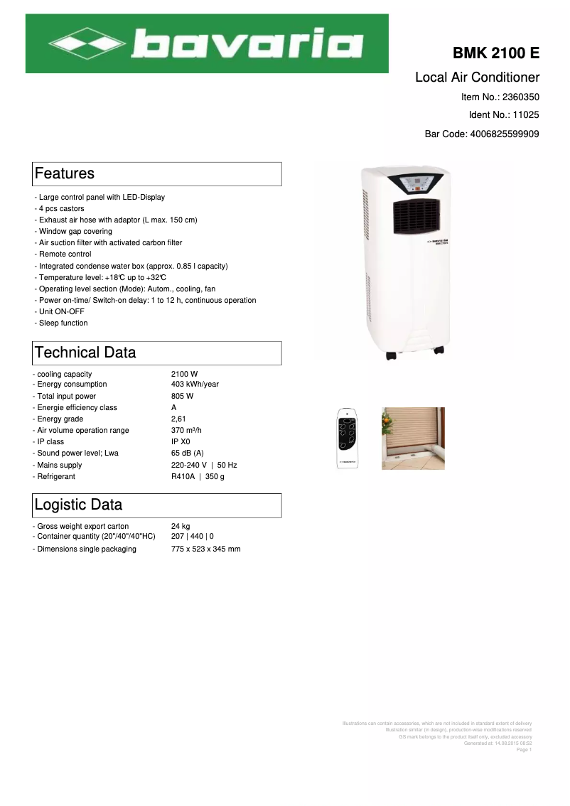 Page 1 de la notice Manuel utilisateur Bavaria BMK 2100 E