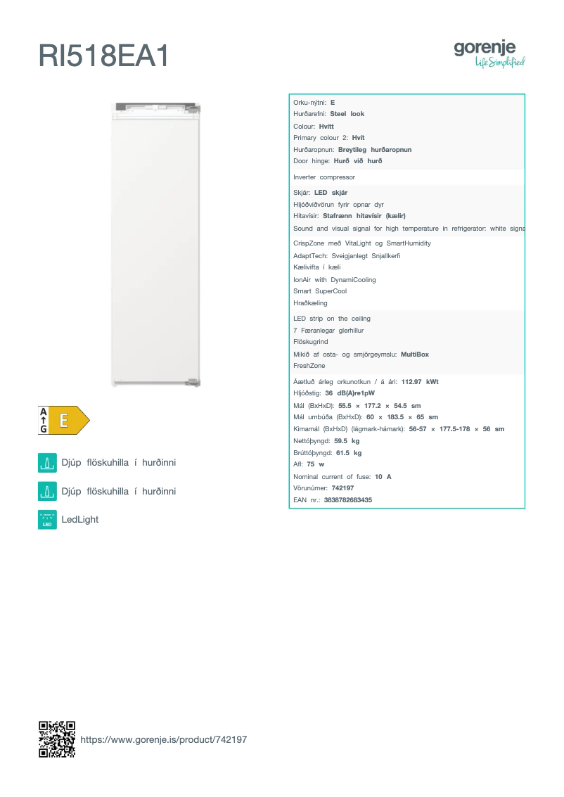 Page n°1 - Fiche technique Gorenje RI518EA1