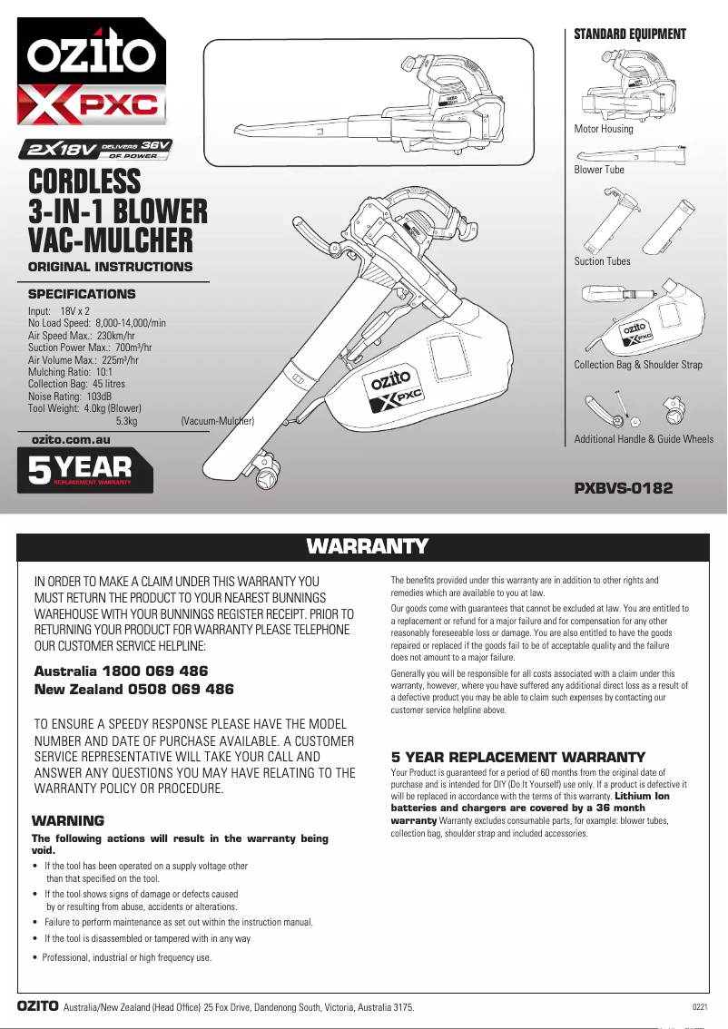 Page n°1 - Manuel utilisateur Ozito PXBVK-4182