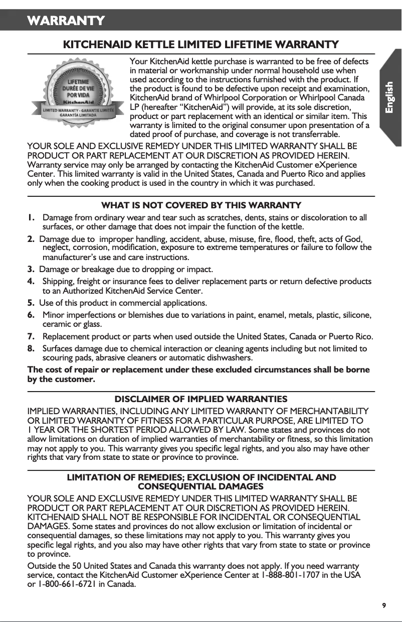 Page 1 de la notice Informations de garantie KitchenAid KTEN20DB