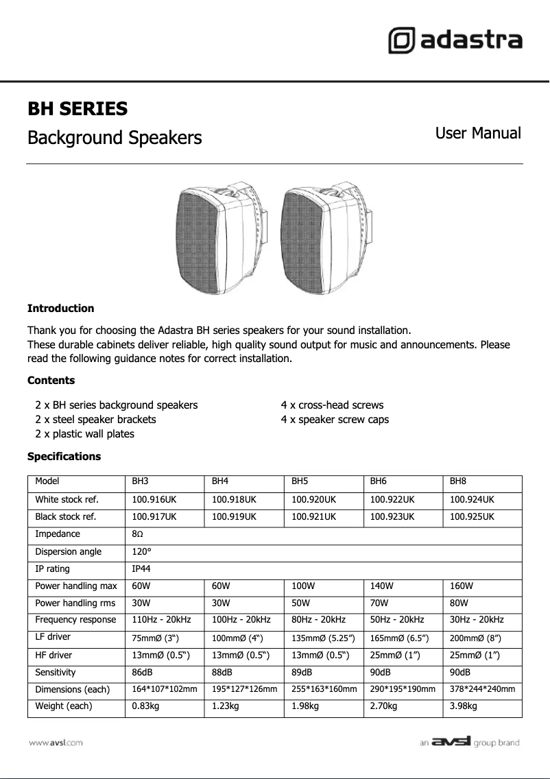 Page 1 de la notice Manuel utilisateur Adastra BH3