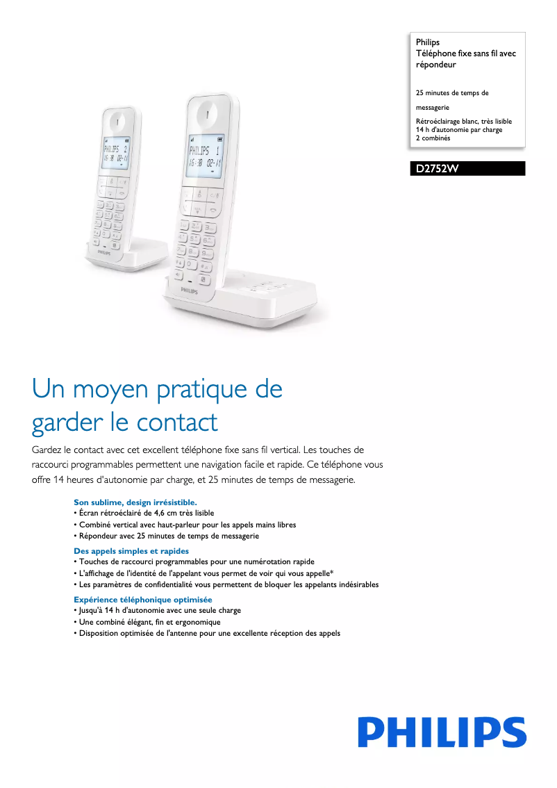 Page 1 of the manual Technical Sheet Philips D275