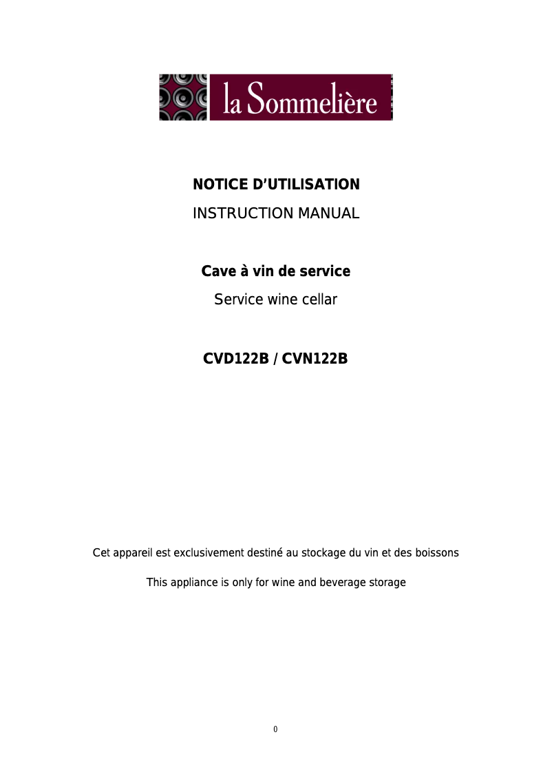 Page n°1 - Manuel utilisateur La Sommelière CVD122B
