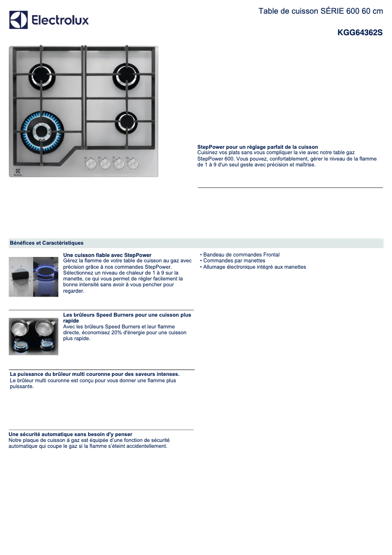 Page 1 de la notice Fiche technique Electrolux KGG64362S