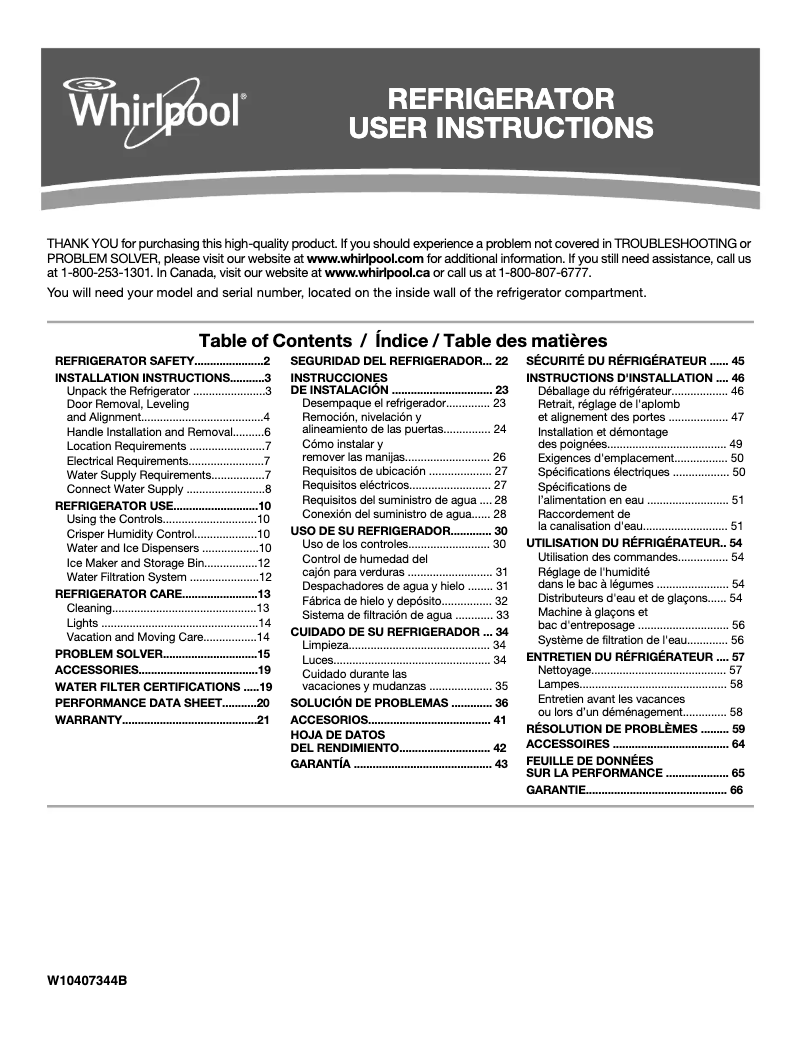 Page 1 de la notice Manuel d'utilisation et d'entretien Whirlpool WRS322FDAB