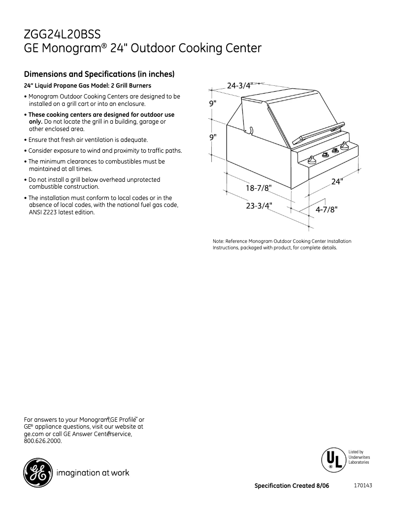 Page n°1 - Fiche technique GE ZGG24L20BSS