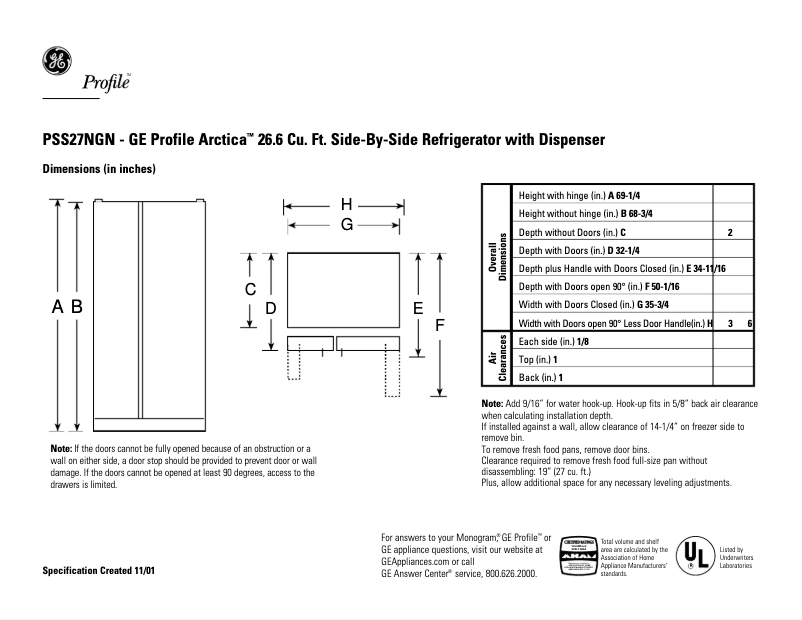 Page 1 de la notice Fiche technique GE Profile Arctica PSS27NGNCC