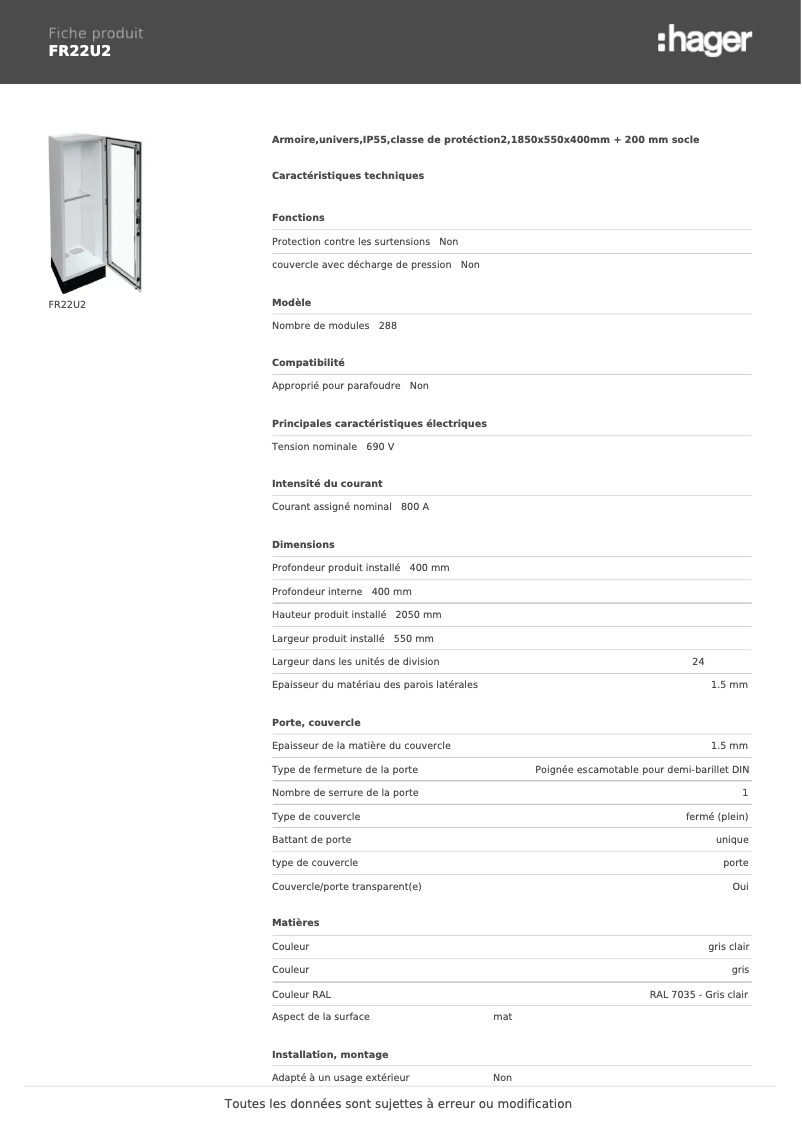 Page n°1 - Fiche technique Hager FR22U2