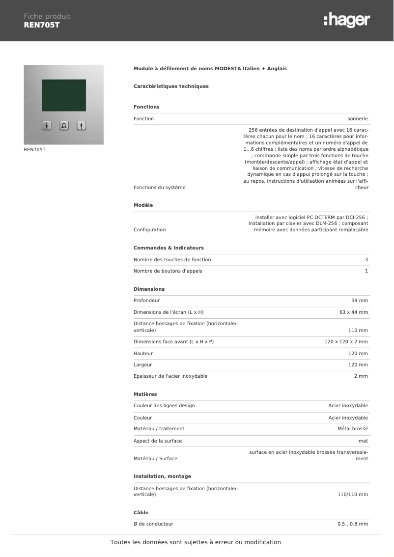 Image de la première page du manuel de l'appareil REN705T