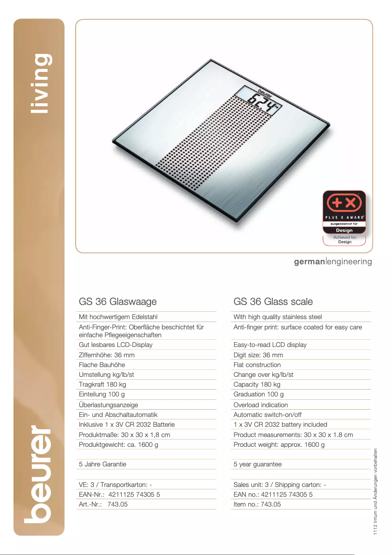 Page 1 de la notice Fiche technique Beurer GS 36