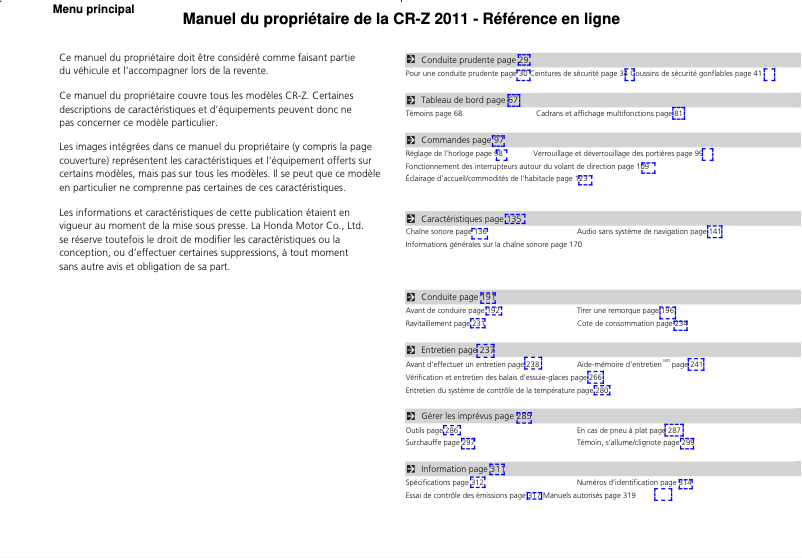 Page 1 de la notice Manuel utilisateur Honda CR-Z (2011)