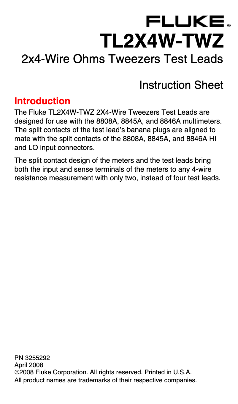 Page 1 de la notice Manuel utilisateur Fluke TL2X4W-PTII