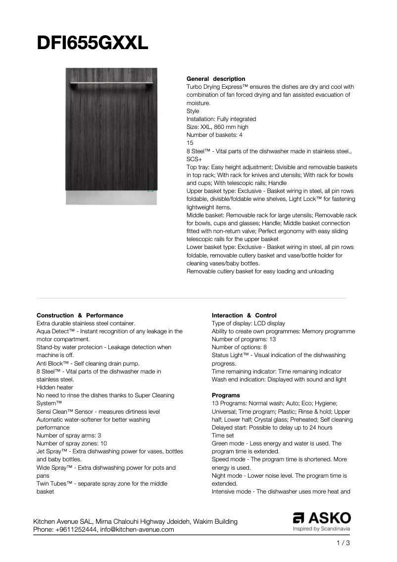 Page n°1 - Fiche technique Asko DFI655GXXL